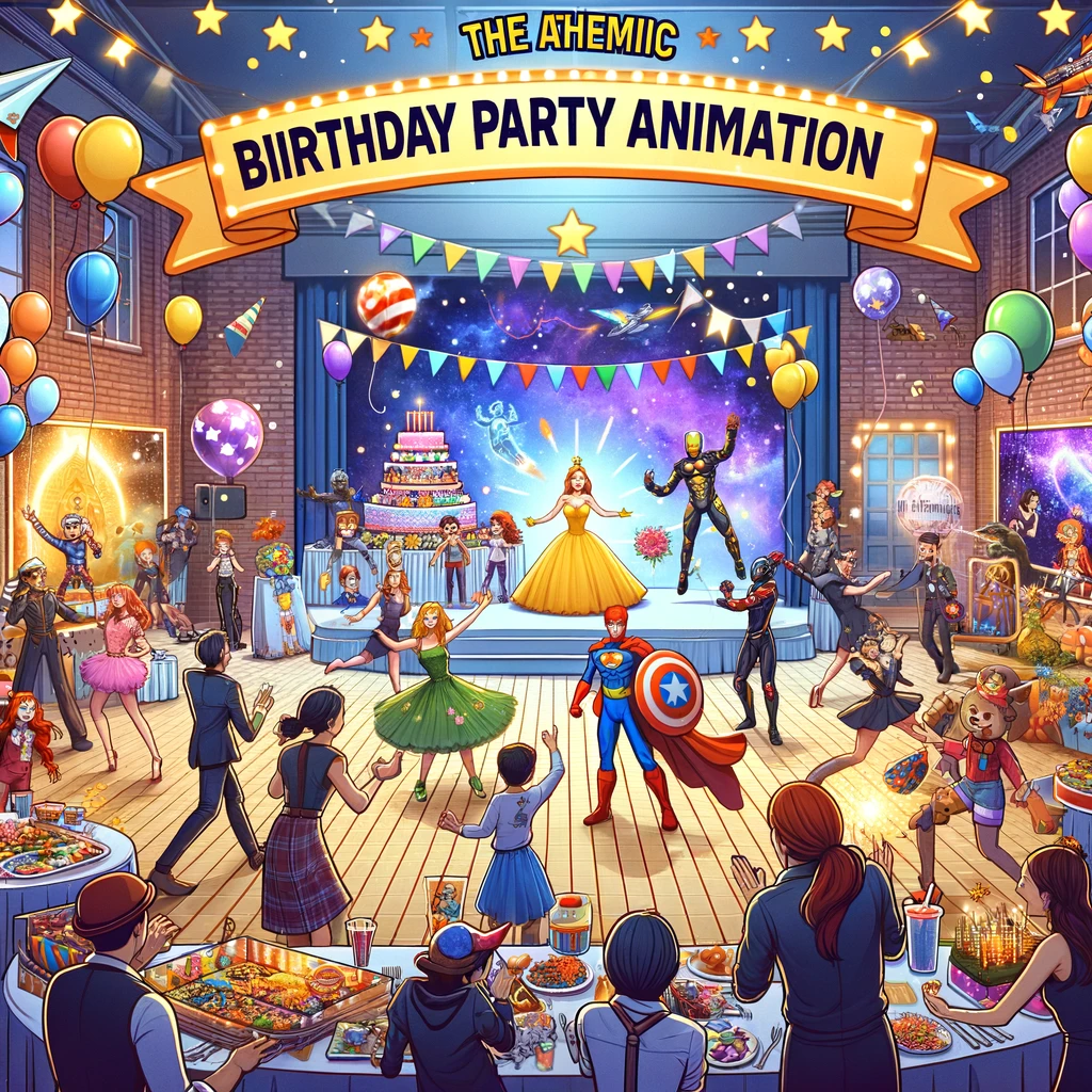 Animation thématique lors d'un anniversaire avec des invités participant à des activités en costume